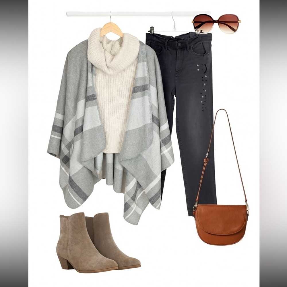 BOHO Gray Plaid Wrap Poncho with Pockets